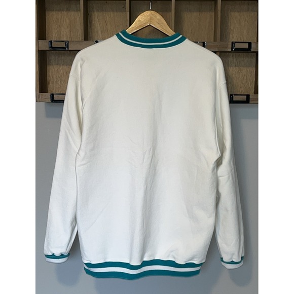 Vintage 90s LA LOVING Textured Knit Crewneck Sweatshirt Men's L‎ White Teal USA - Picture 5 of 15